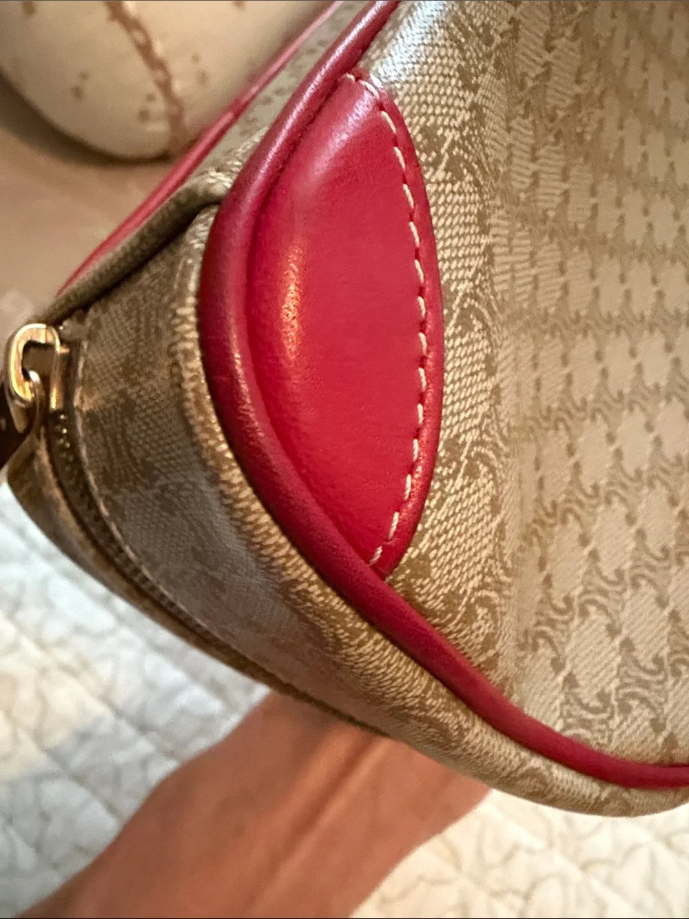 Celine Beige Monogram Cosmetic Case with Red Trim